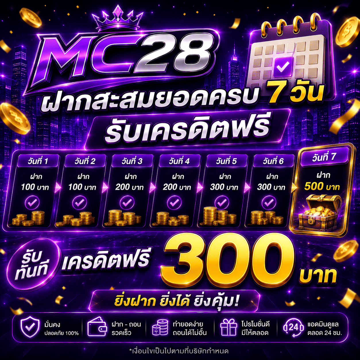 โปรโมชั่น MC28 ฝากสะสมยอดครบ 7 วัน รับเครดิตฟรี 300 บาท